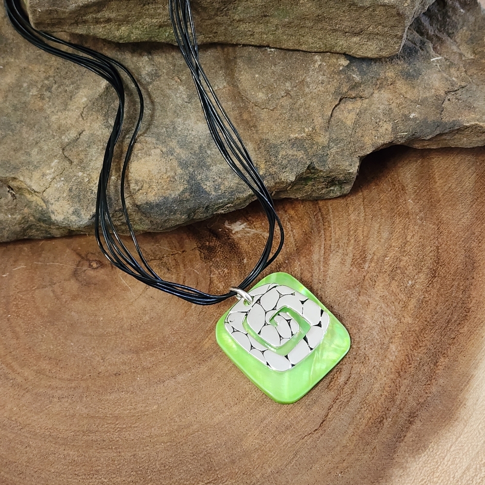 Green and Silver Toned Pendant Multi Strand Necklace